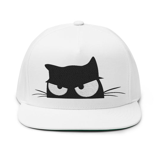 Snarky Cat Face Embroidered Flat Bill Cap